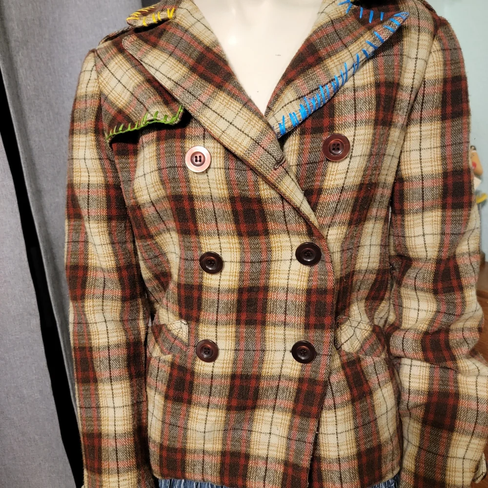 VTG 80s 90s Wool Plaid‎ Double Breast Blazer Preppy Academia  Wax Jeans Y2K SZ M